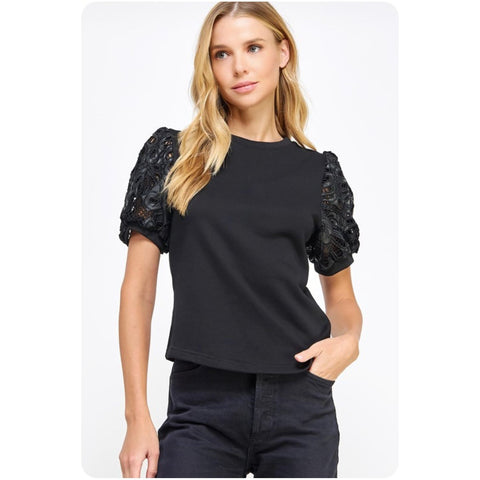 Faux Leather Sleeve Eyelet Top