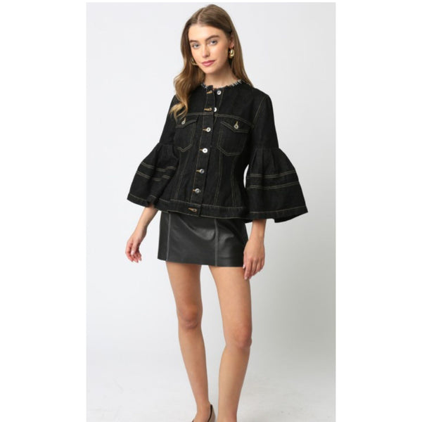 Black Denim Flare Sleeve Jacket