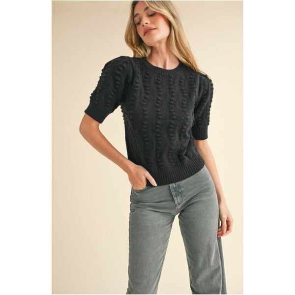 Popcorn Knit Pointelle Short Sleeve Sweater