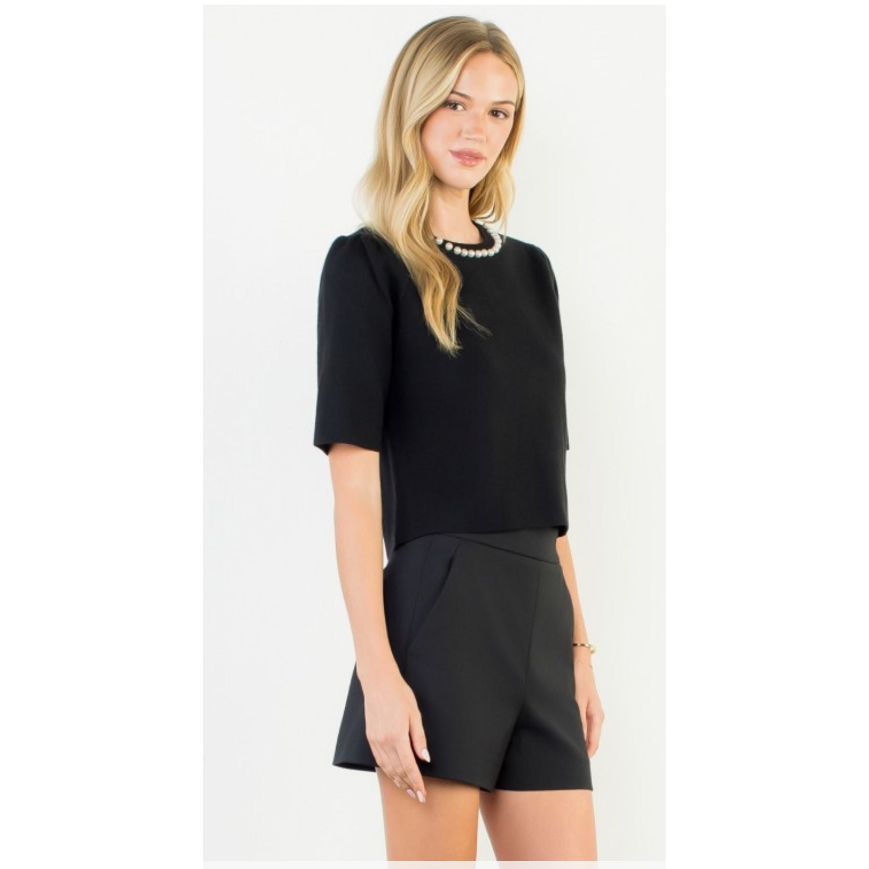 Pearl Trimmed Short Sleeve Top