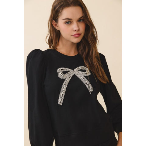 Crystal Embellished Bow Detail Sweatshirt Puff Sleeve