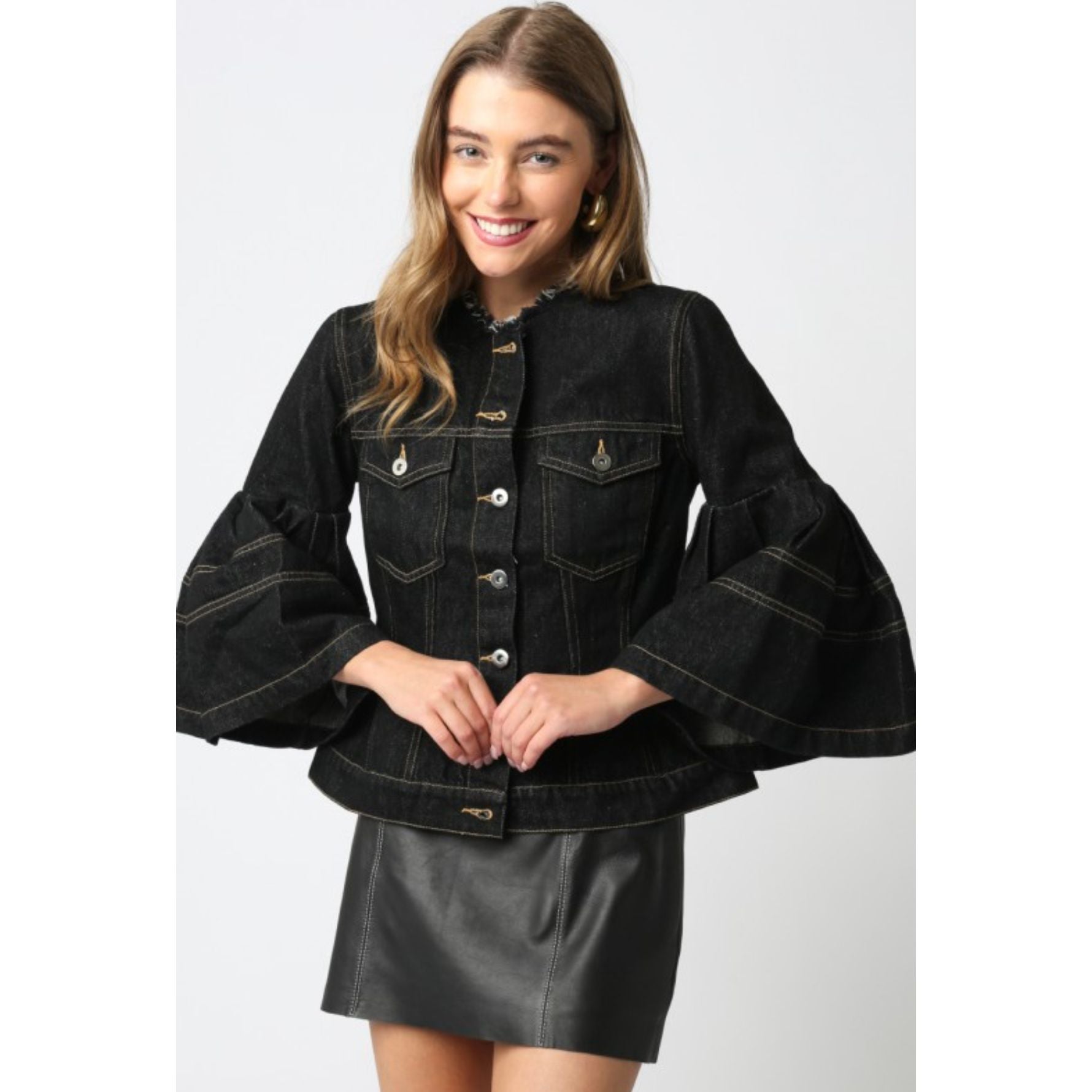 Black Denim Flare Sleeve Jacket