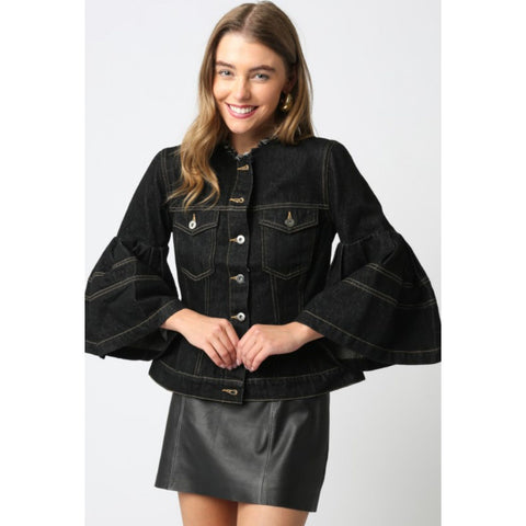 Black Denim Flare Sleeve Jacket