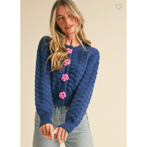 Knit Cardigan With Flower Rosette