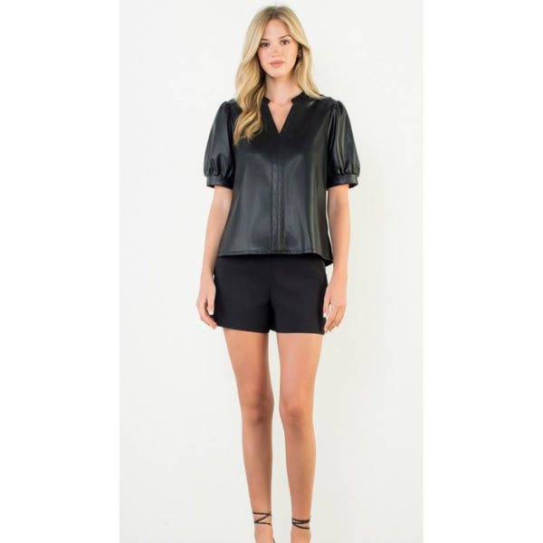 Vegan Leather Puff Sleeve Top