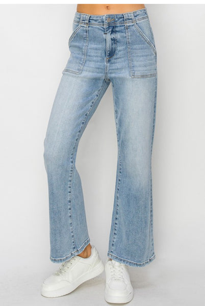 High Rise Ankle Flare Patch Pocket