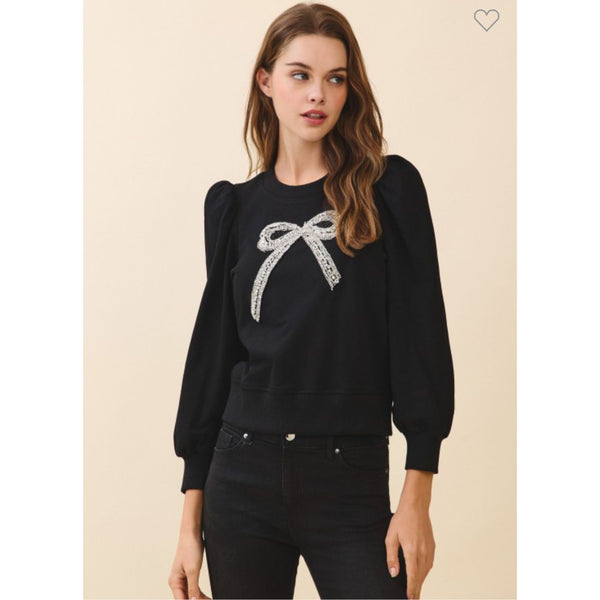 Crystal Embellished Bow Detail Sweatshirt Puff Sleeve