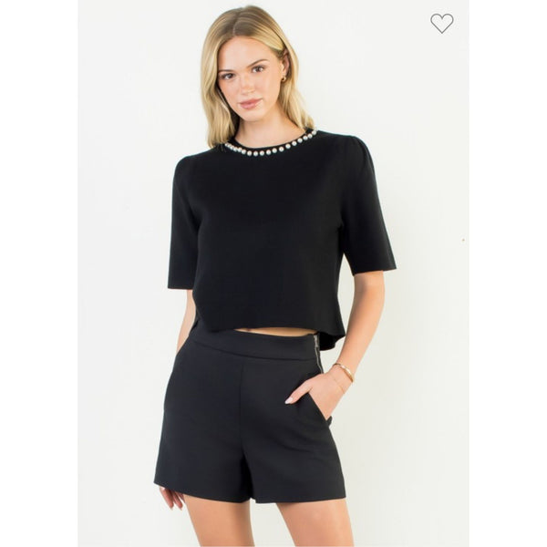 Pearl Trimmed Short Sleeve Top