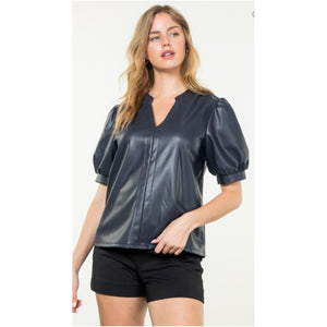 Vegan Leather Puff Sleeve Top