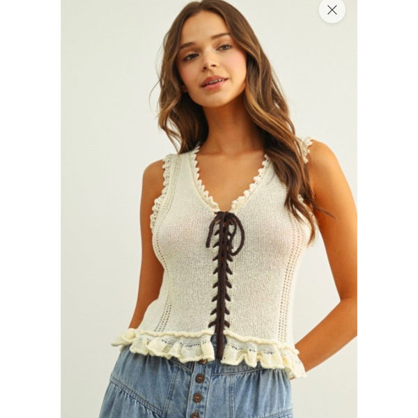 Lace Up Front Ruffle Bottom Top