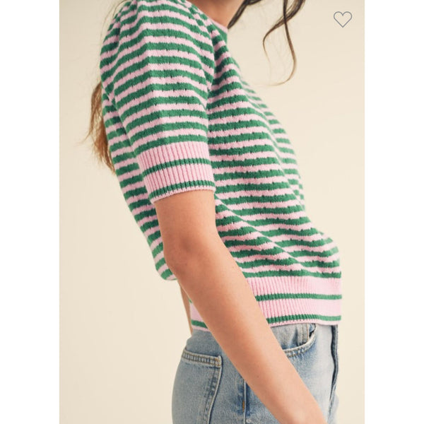 Striped Pointelle Short Sleeve Sweater