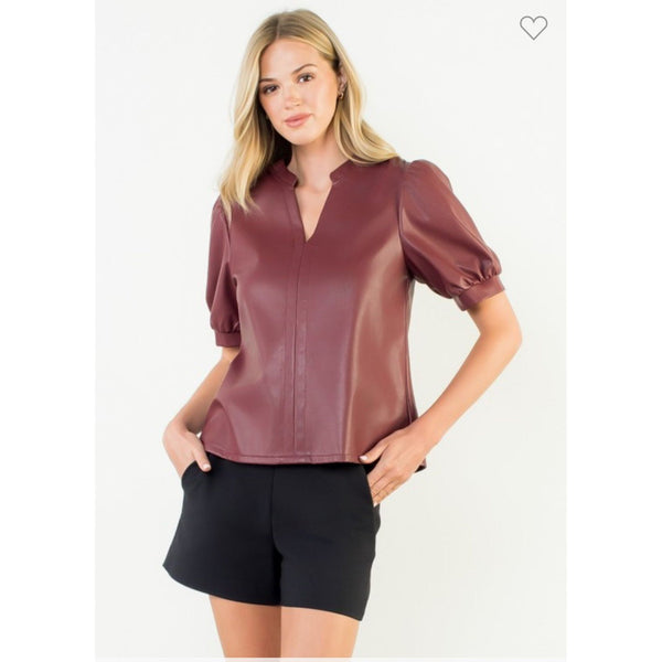 Vegan Leather Puff Sleeve Top