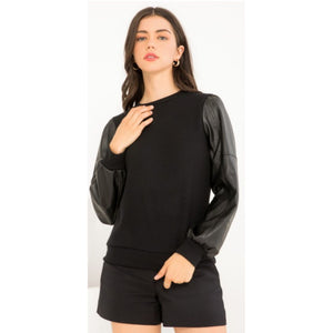 Faux Leather Sleeve Sweater