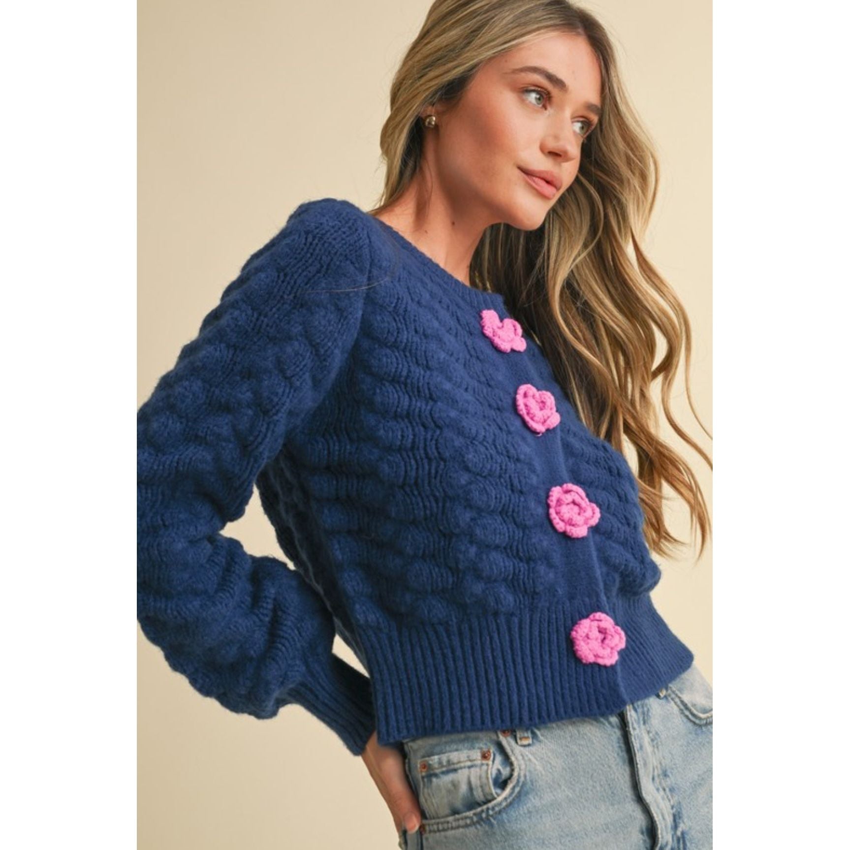 Knit Cardigan With Flower Rosette