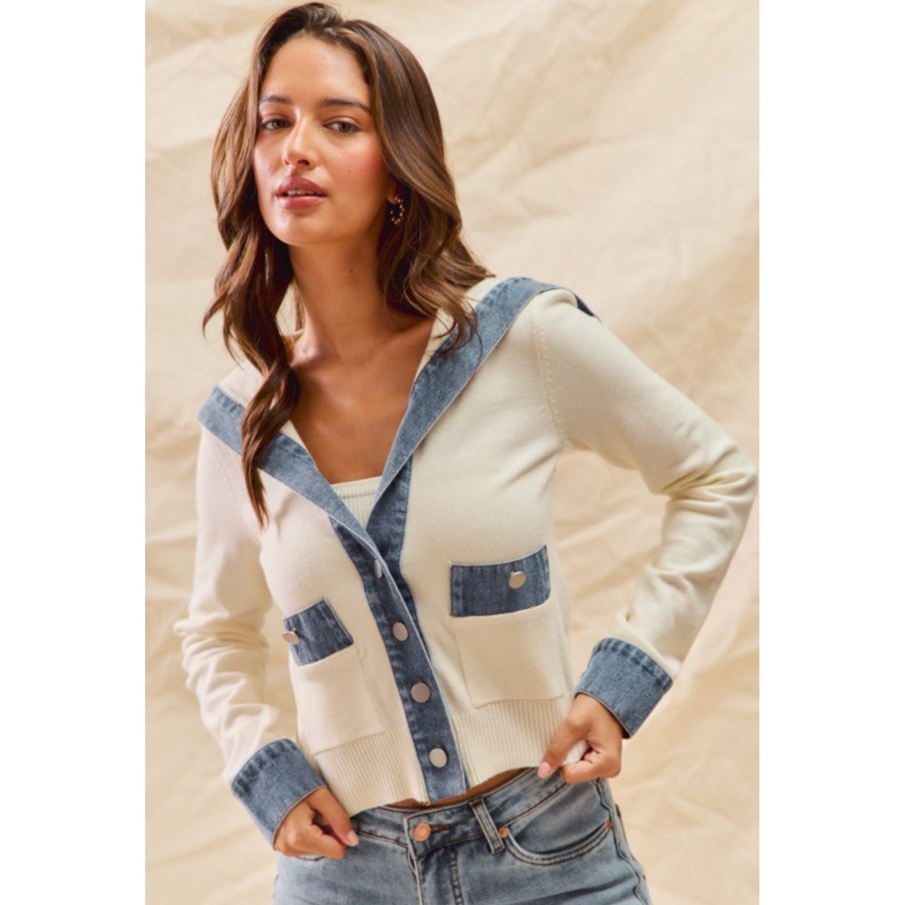 Denim Trimmed Cardigan