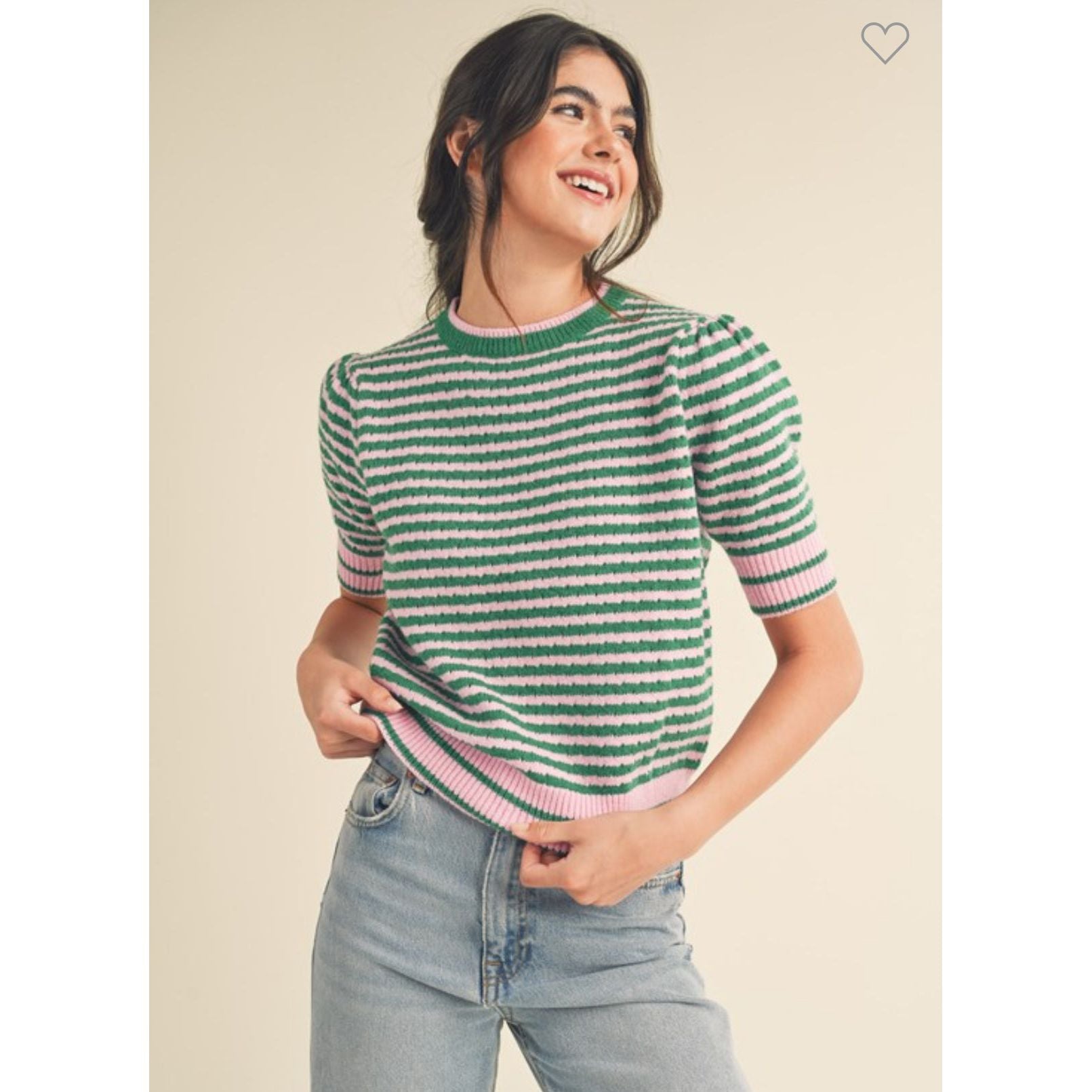 Striped Pointelle Short Sleeve Sweater