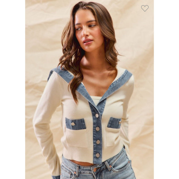 Denim Trimmed Cardigan