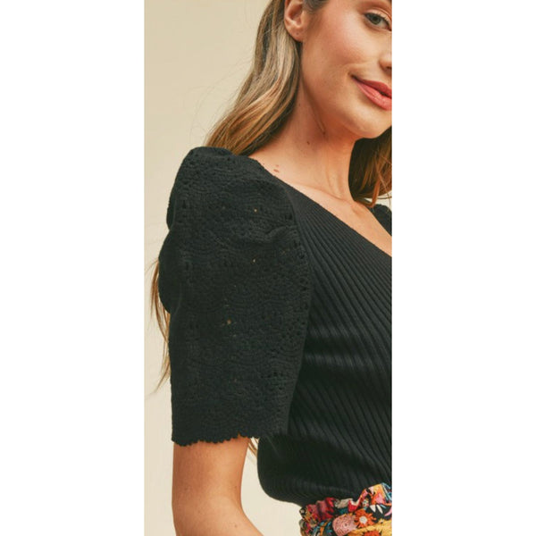 Super Soft Ribbed Sweater With Crochet Sleeve
